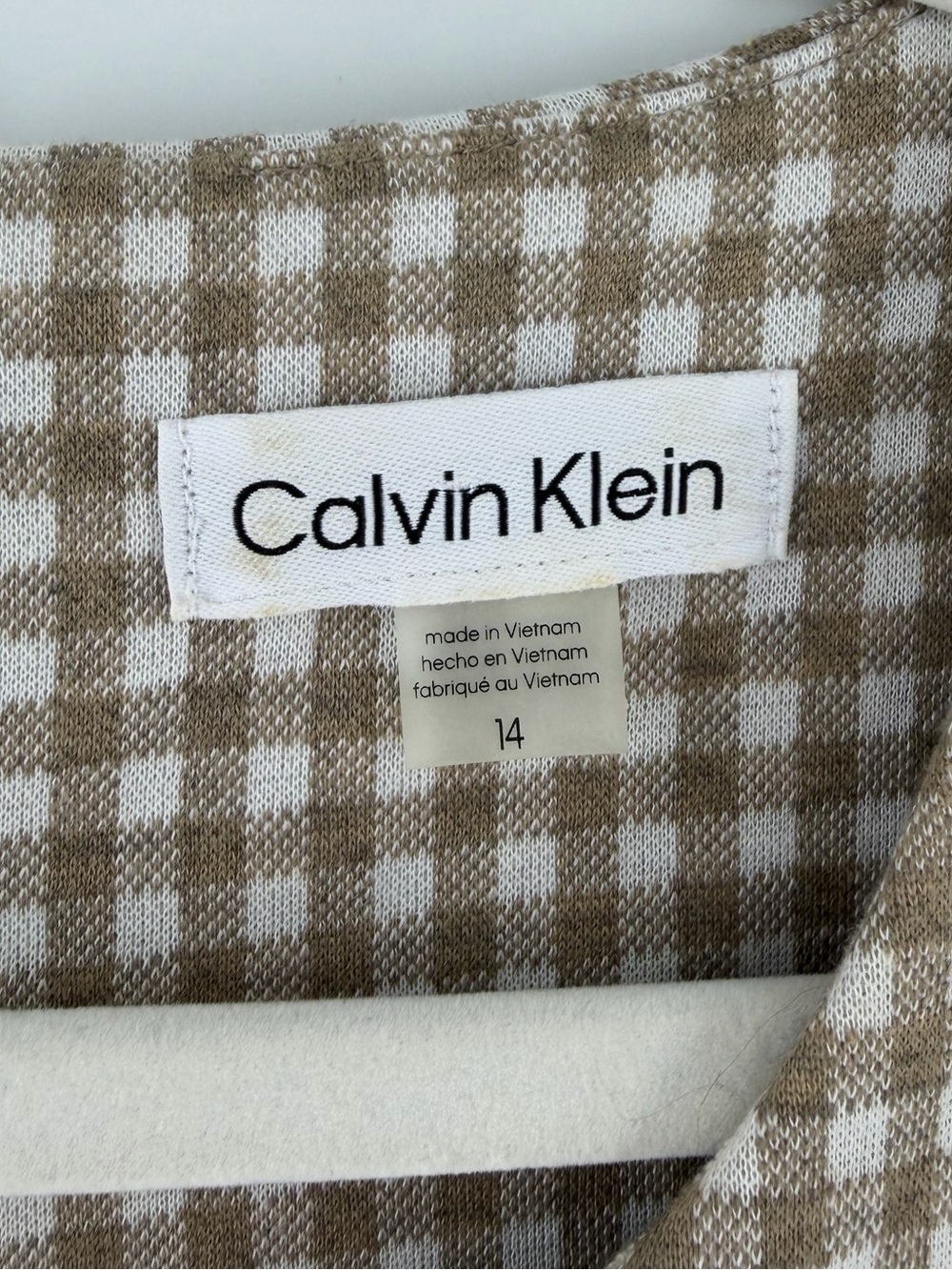 Calvin Klein Taupe White Gingham Tie Waist Sleeveless Midi Dress, Women's 14 - Picture 6 of 7